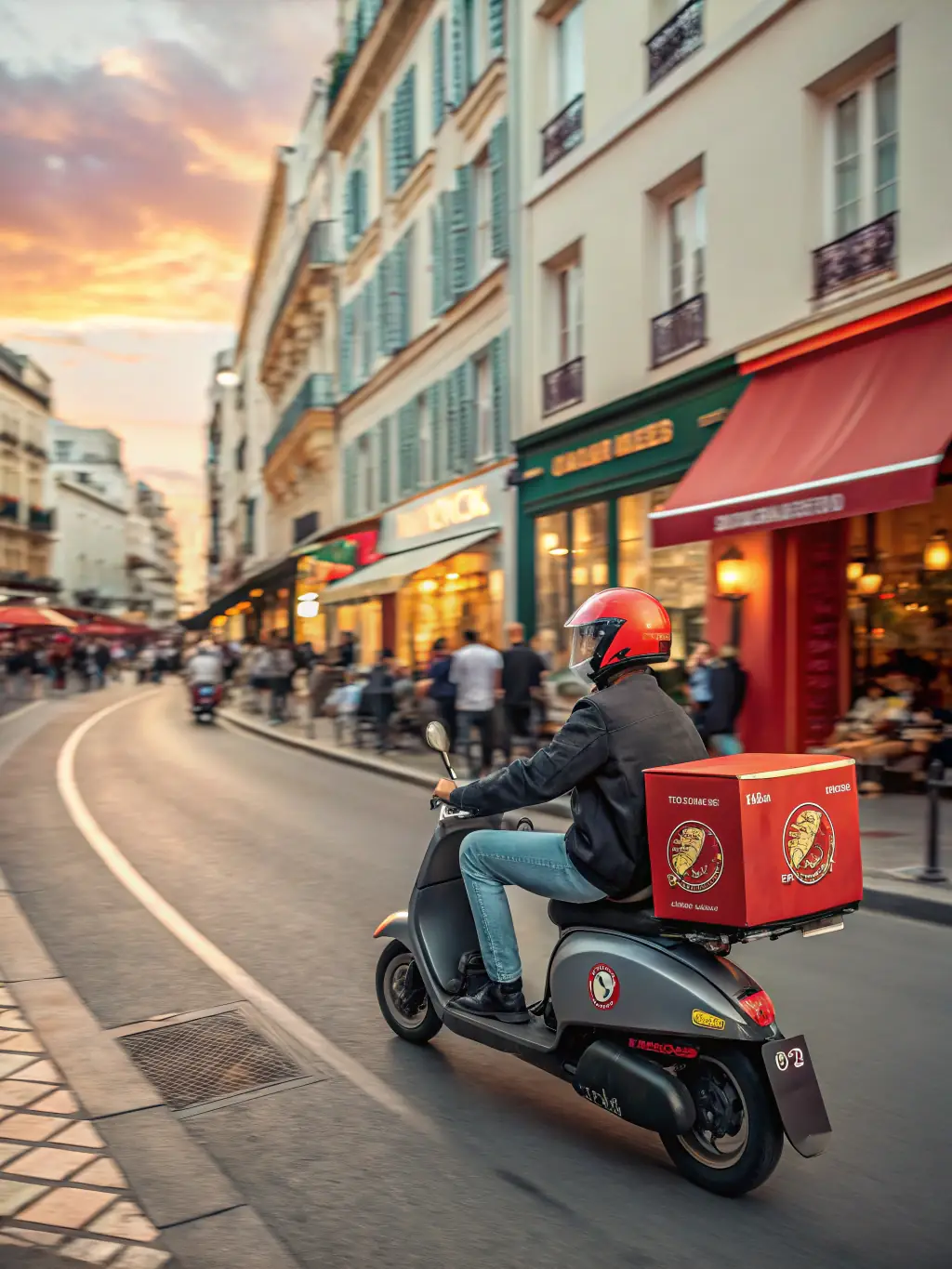 A dynamic illustration of delivery drivers efficiently using a dedicated delivery app to manage and track orders.