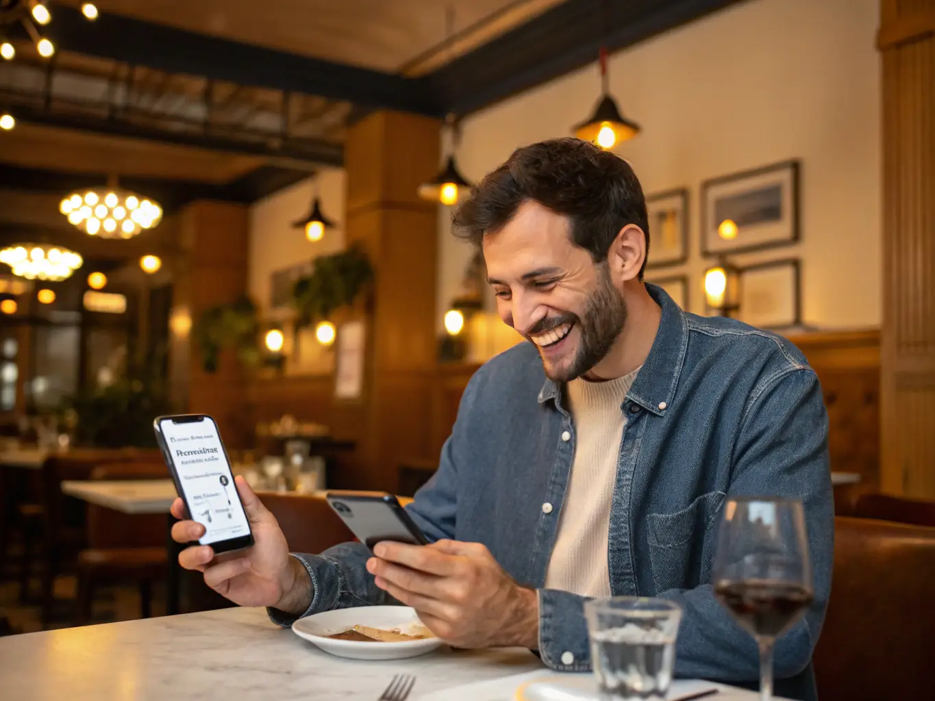 A visually appealing image showcasing a customer placing a repeat order through the restaurant's branded app on their smartphone, highlighting the ease and convenience of the process.