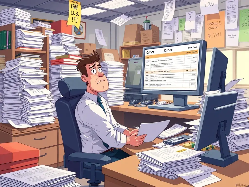 A digital illustration depicting a restaurant owner looking stressed while surrounded by towering aggregator fee invoices.